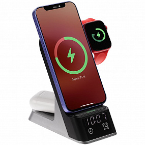 Gifts: зарядная станция c часами e-store для смартфона, часов и наушников, черная 